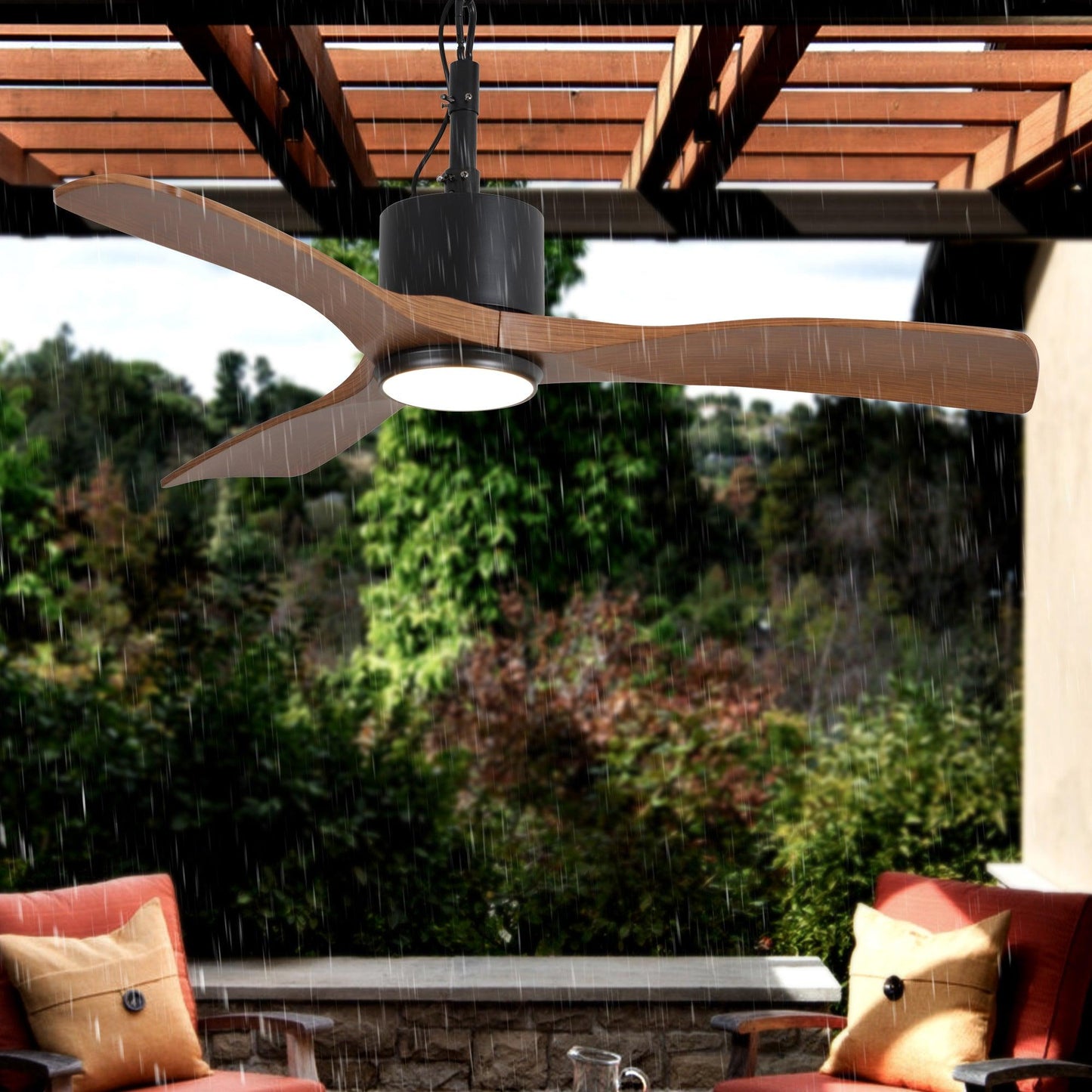42 Inch Dniester IP65 Outdoor DC Motor Black Modern Hanging Buckle Downrod Ceiling Fan with Light