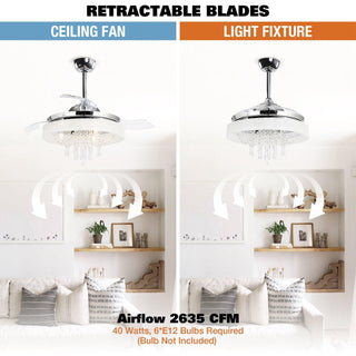 42" Modern Chrome Downrod Mount Crystal Ceiling Fan with Lighting and Remote Control - ParrotUncle