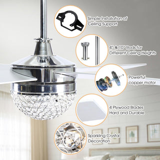 48" Dreyer Modern Chrome Downrod Mount Reversible Crystal Ceiling Fan with Lighting and Remote Control - ParrotUncle