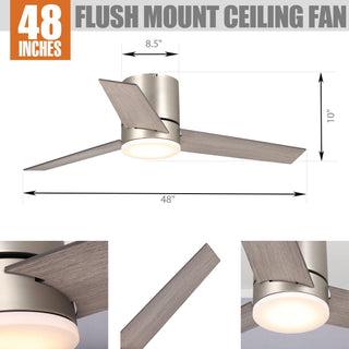 48" Modern Satin Nickel Flush Mount Reversible Ceiling Fan with Lighting and Remote Control - ParrotUncle
