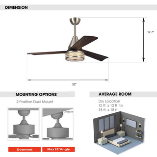 52" Farmhouse Satin Nickel Downrod Mount Reversible Crystal Ceiling Fan with Lighting and Remote Control - ParrotUncle