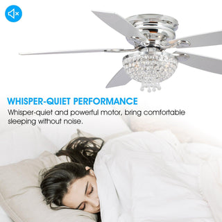 52" Kanpur Modern Chrome Flush Mount Reversible Crystal Ceiling Fan with Lighting and Remote Control - ParrotUncle