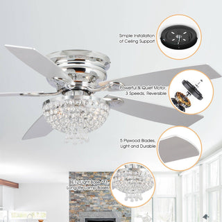 52" Kanpur Modern Chrome Flush Mount Reversible Crystal Ceiling Fan with Lighting and Remote Control - ParrotUncle