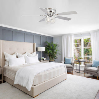 52" Panipat Modern Chrome Flush Mount Reversible Crystal Ceiling Fan with Lighting and Remote Control - ParrotUncle