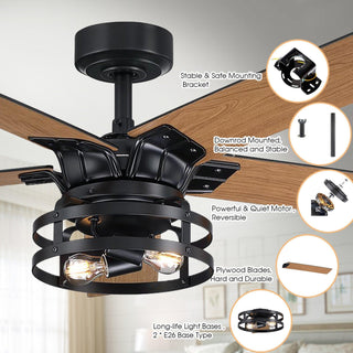 52" Prayag Industrial Downrod Mount Reversible Ceiling Fan with Lighting and Remote Control - ParrotUncle