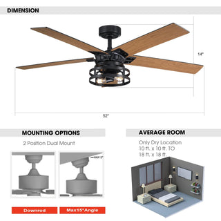 52" Prayag Industrial Downrod Mount Reversible Ceiling Fan with Lighting and Remote Control - ParrotUncle