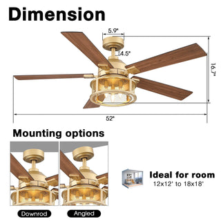 52" Lucknow Industrial Golden Reversible Ceiling Fan with Lighting and Remote Control