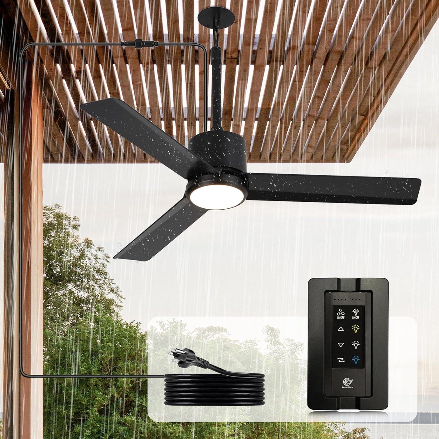 42 Inch Rhine Indoor/Wet Outdoor IP65 Black Anywhere Waterproof Ceiling Fan with LED Light and Convenient Hanging Hook