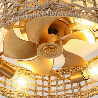 18 Inch Golden Farmhouse Rattan Flush Mount Ceiling Fan with Light APP and Remote Control