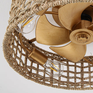 18 Inch Golden Farmhouse Rattan Flush Mount Ceiling Fan with Light APP and Remote Control