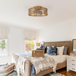 18 Inch Golden Farmhouse Rattan Flush Mount Ceiling Fan with Light APP and Remote Control