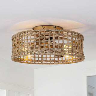 18 Inch Golden Farmhouse Rattan Flush Mount Ceiling Fan with Light APP and Remote Control