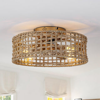 18 Inch Golden Farmhouse Rattan Flush Mount Ceiling Fan with Light APP and Remote Control