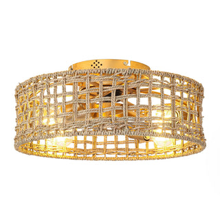18 Inch Golden Farmhouse Rattan Flush Mount Ceiling Fan with Light APP and Remote Control