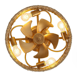 18 Inch Golden Farmhouse Rattan Flush Mount Ceiling Fan with Light APP and Remote Control