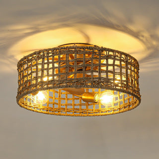 18 Inch Golden Farmhouse Rattan Flush Mount Ceiling Fan with Light APP and Remote Control