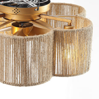 21 Inch Golden Flower-shape Farmhouse Rattan Flush Mount Ceiling Fan with Light APP and Remote Control