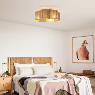 21 Inch Golden Flower-shape Farmhouse Rattan Flush Mount Ceiling Fan with Light APP and Remote Control