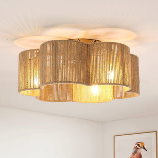 21 Inch Golden Flower-shape Farmhouse Rattan Flush Mount Ceiling Fan with Light APP and Remote Control