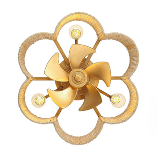 21 Inch Golden Flower-shape Farmhouse Rattan Flush Mount Ceiling Fan with Light APP and Remote Control