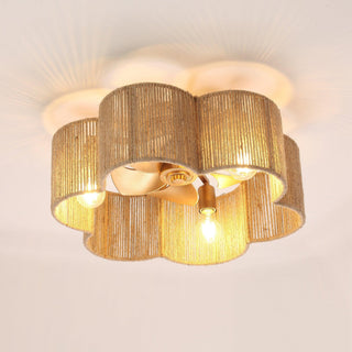 21 Inch Golden Flower-shape Farmhouse Rattan Flush Mount Ceiling Fan with Light APP and Remote Control