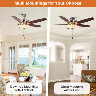 52" Traditional Pull Chain 5 Blades Downrod Flush Mount AC Motor Large Ceiling Fan with Light