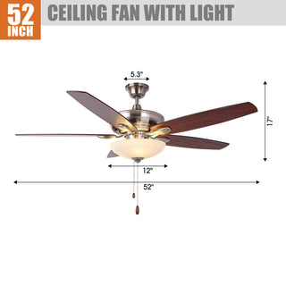 52" Traditional Pull Chain 5 Blades Downrod Flush Mount AC Motor Large Ceiling Fan with Light