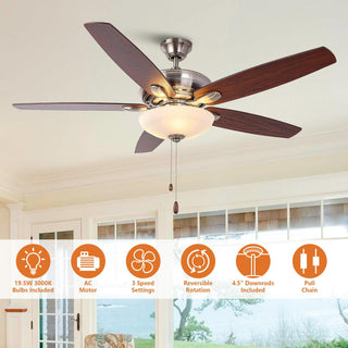 52" Traditional Pull Chain 5 Blades Downrod Flush Mount AC Motor Large Ceiling Fan with Light