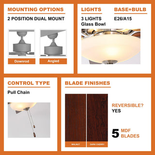 52" Traditional Pull Chain 5 Blades Downrod Flush Mount AC Motor Large Ceiling Fan with Light