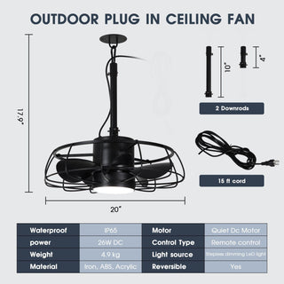 20 Inch Vistula Outdoor DC Motor Black Industrial Hanging Buckle Downrod Ceiling Fan with Light