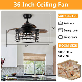 36" 3 Blades Downrod Mount AC Motor Industrial Modern Ceiling Fan with Lighting and Remote Control