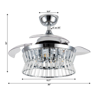 36" Prayag AC Motor Industrial Modern Downrod Mount Crystal Ceiling Fan with Lighting and Remote Control
