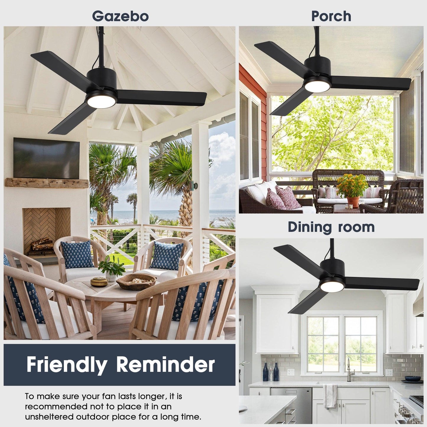 42 Inch Rhine Indoor/Wet Outdoor IP65 Black Anywhere Waterproof Ceiling Fan with LED Light and Convenient Hanging Hook