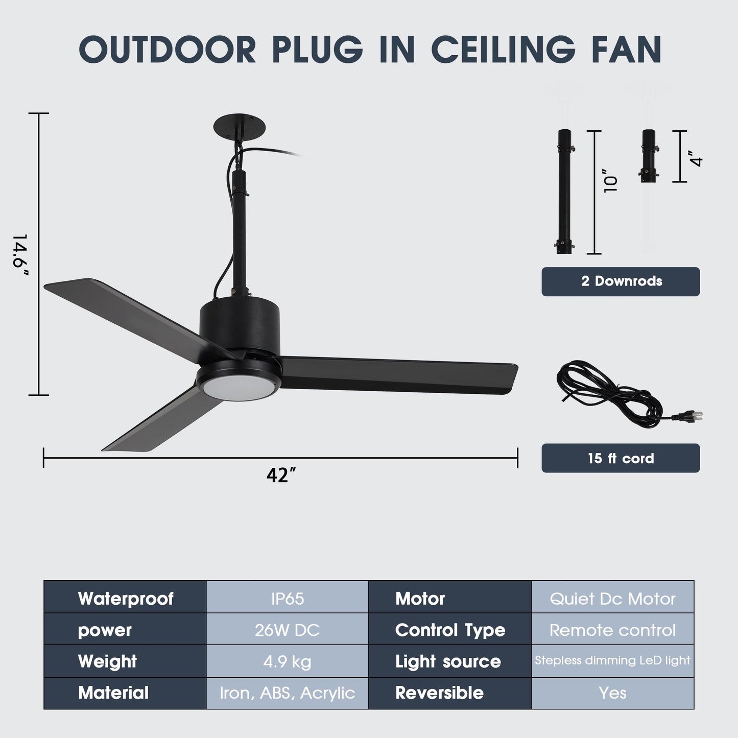 42 Inch Rhine Indoor/Wet Outdoor IP65 Black Anywhere Waterproof Ceiling Fan with LED Light and Convenient Hanging Hook