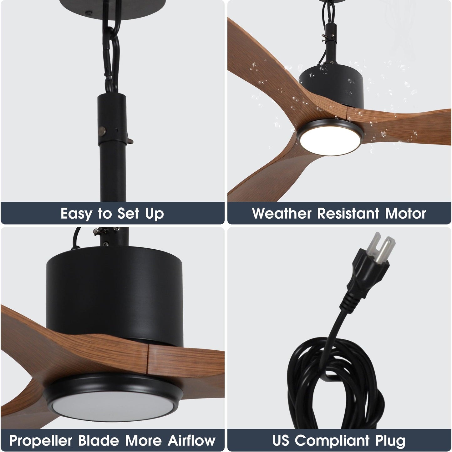 42 Inch Dniester IP65 Outdoor DC Motor Black Modern Hanging Buckle Downrod Ceiling Fan with Light