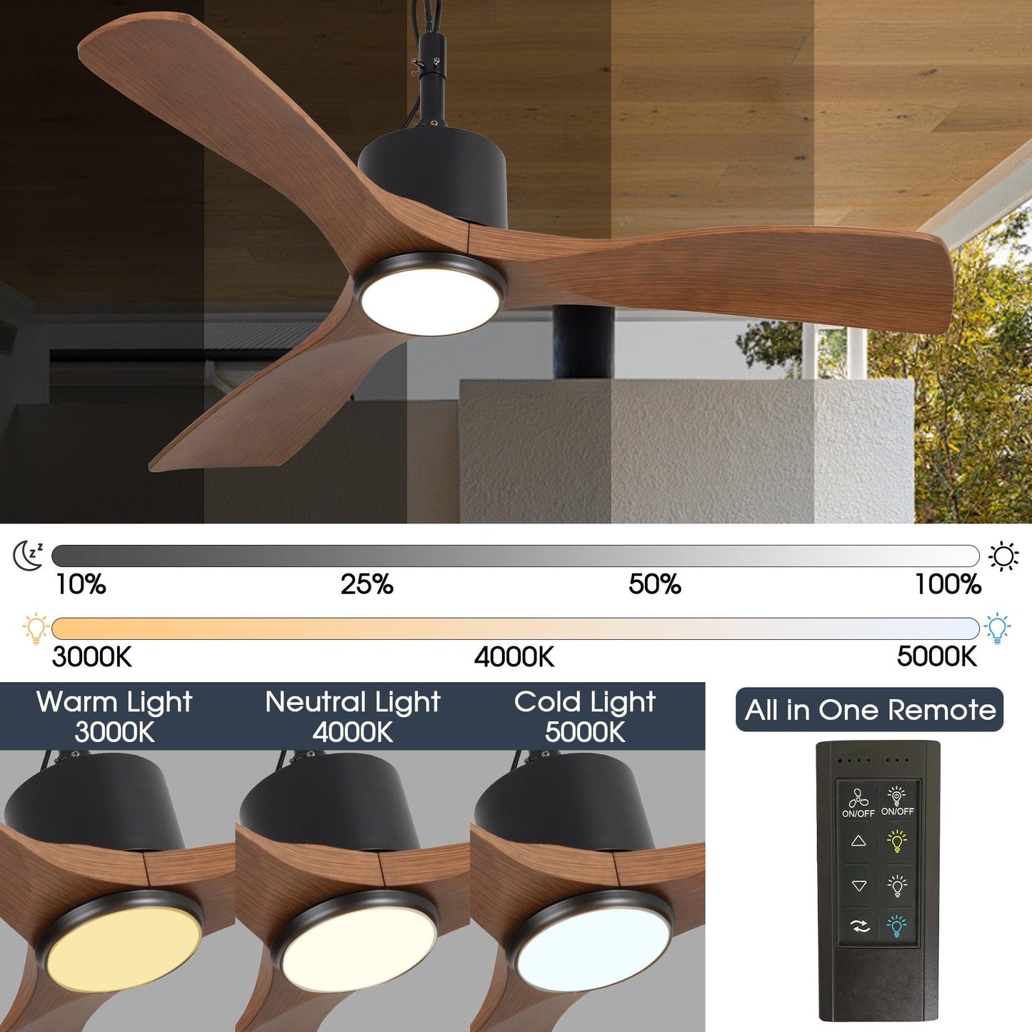 42 Inch Dniester IP65 Outdoor DC Motor Black Modern Hanging Buckle Downrod Ceiling Fan with Light