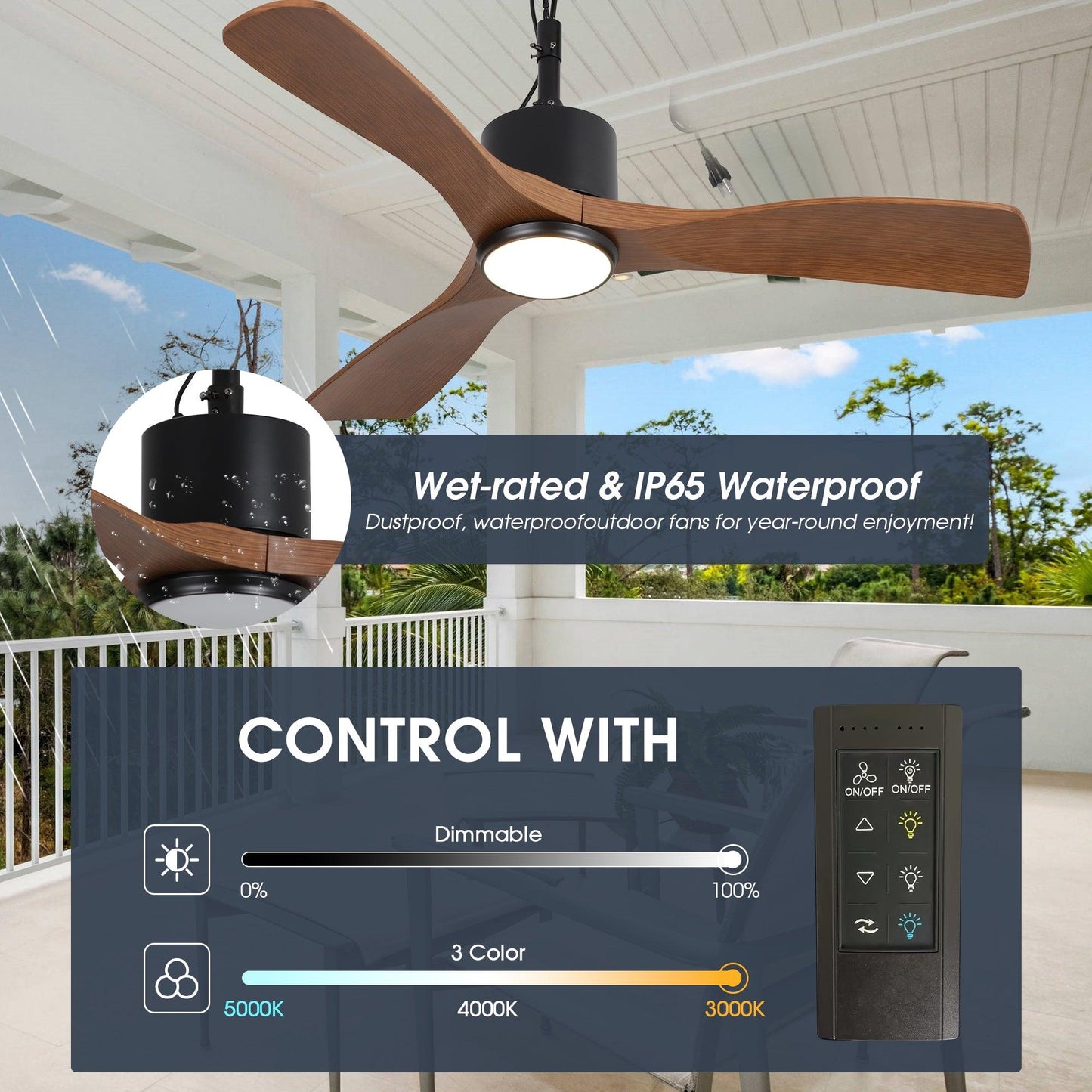 42 Inch Dniester IP65 Outdoor DC Motor Black Modern Hanging Buckle Downrod Ceiling Fan with Light