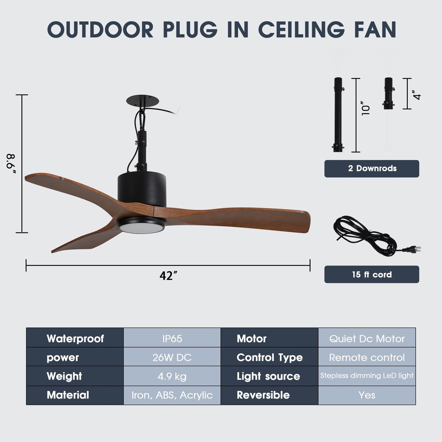 42 Inch Dniester IP65 Outdoor DC Motor Black Modern Hanging Buckle Downrod Ceiling Fan with Light