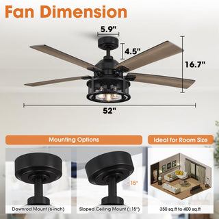 52" Lucknow Industrial Black Reversible Ceiling Fan with Lighting and Remote Control