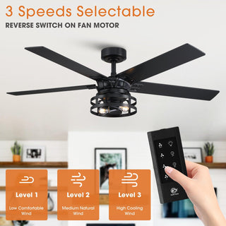 52" Prayag Industrial Black Downrod Mount Reversible Ceiling Fan with Lighting and Remote Control