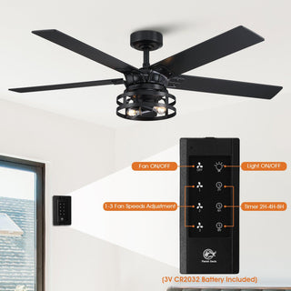 52" Prayag Industrial Black Downrod Mount Reversible Ceiling Fan with Lighting and Remote Control