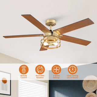 52" Prayag Industrial Golden Downrod Mount Reversible Ceiling Fan with Lighting and Remote Control