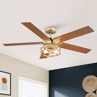 52" Prayag Industrial Golden Downrod Mount Reversible Ceiling Fan with Lighting and Remote Control