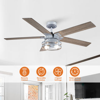 52" Prayag Industrial Silver Downrod Mount Reversible Ceiling Fan with Lighting and Remote Control