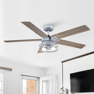 52" Prayag Industrial Silver Downrod Mount Reversible Ceiling Fan with Lighting and Remote Control