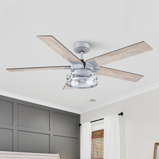 52" Prayag Industrial Silver Downrod Mount Reversible Ceiling Fan with Lighting and Remote Control