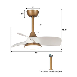 28" Modern White DC Motor Downrod Mount Reversible Ceiling Fan with LED Lighting and Remote Control