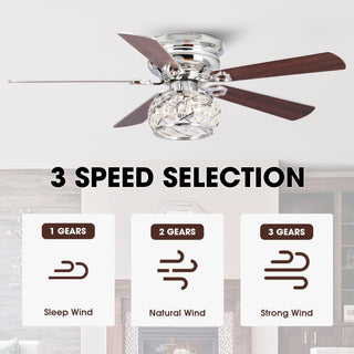 48" Modern Chrome Flush Mount Reversible Crystal Ceiling Fan with Lighting and Remote Control