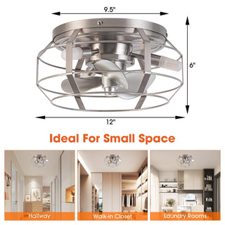 12" Mini Satin Nickel Flush Mount Energy-Efficient Low Noise Design Low Profile Ceiling Fan with Light and Remote Control