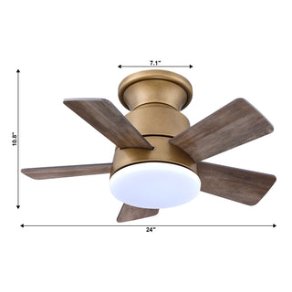 24" Farmhouse Brown Flush Mount Reversible Iron Ceiling Fan with Lighting and Remote Control